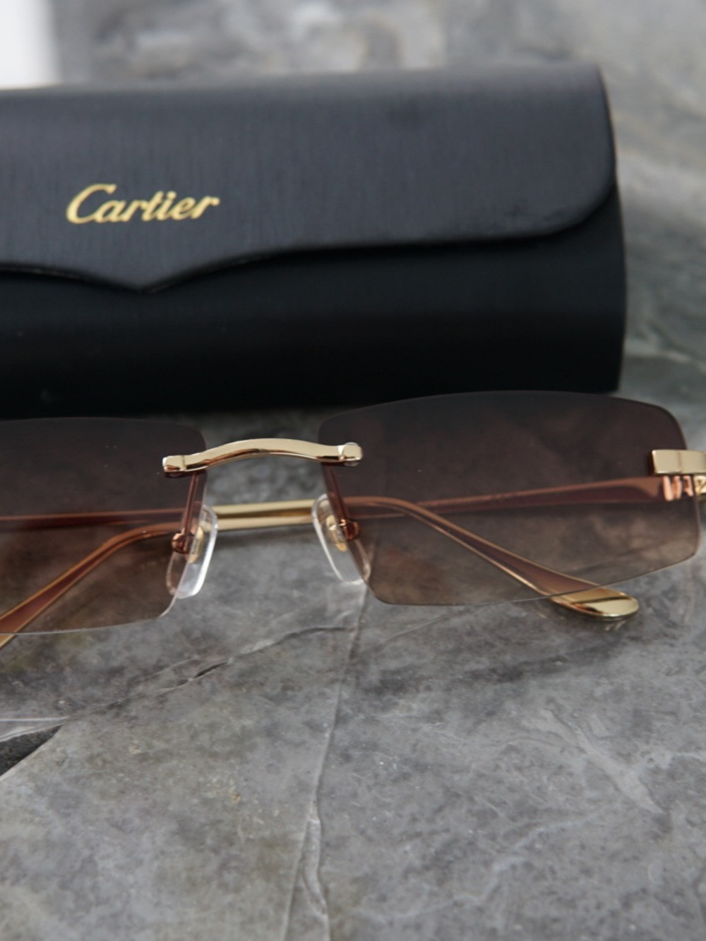 Cartier Gold Frame Brown Gradient Rimless Sunglasses